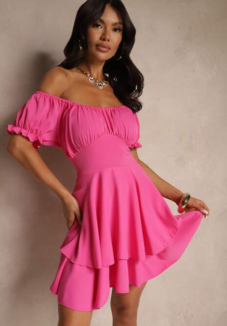 Fuksjowa Sukienka z Bawełną Ozdobiona Falbankami  i Bufkami Mavilare