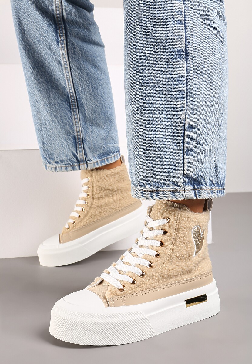 Ciemnobeżowe Brokatowe Trampki na Platformie z Cholewką za Kostkę Nevirosa