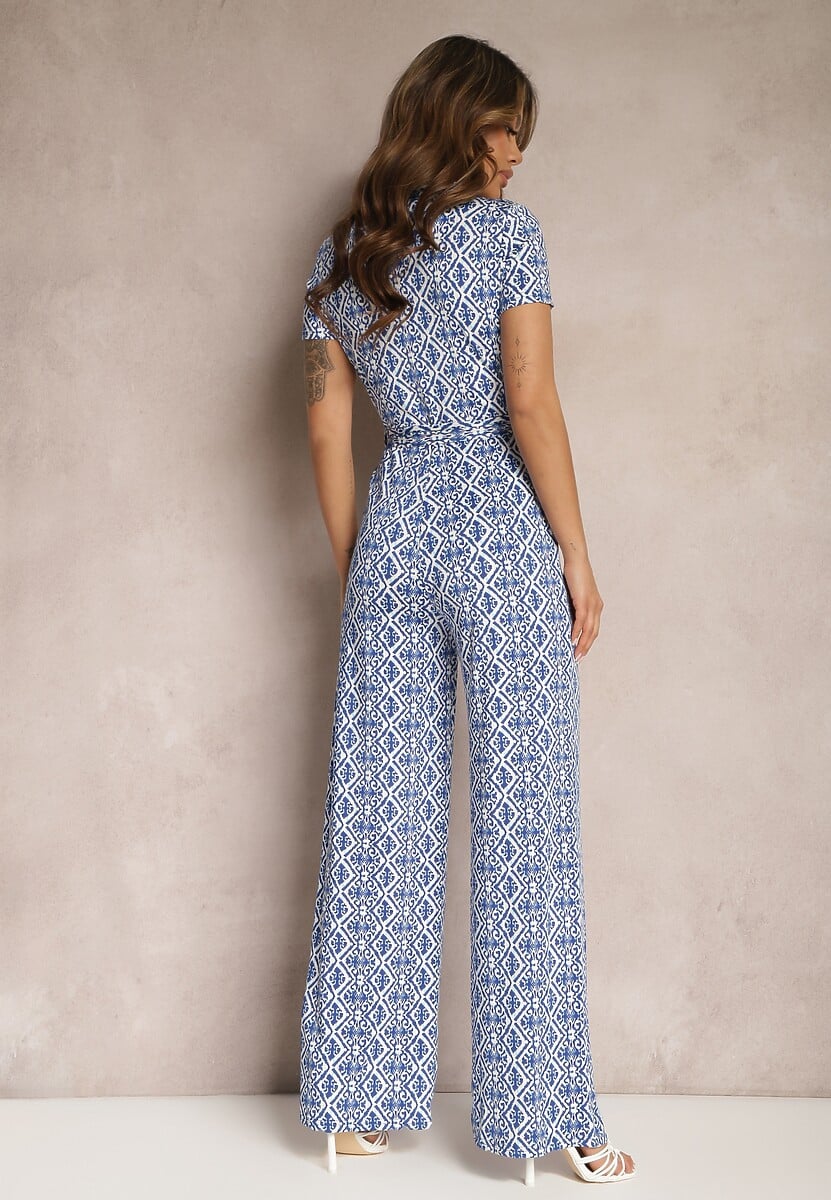 Granatowy Mozaikowy Kombinezon z Trójkątnym Dekoltem i Prostymi Nogawkami Nisseria