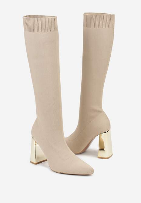 Ciemnobeżowe Skarpetkowe Kozaki Vices na Słupku z Metalicznym Połyskiem Tuvitte