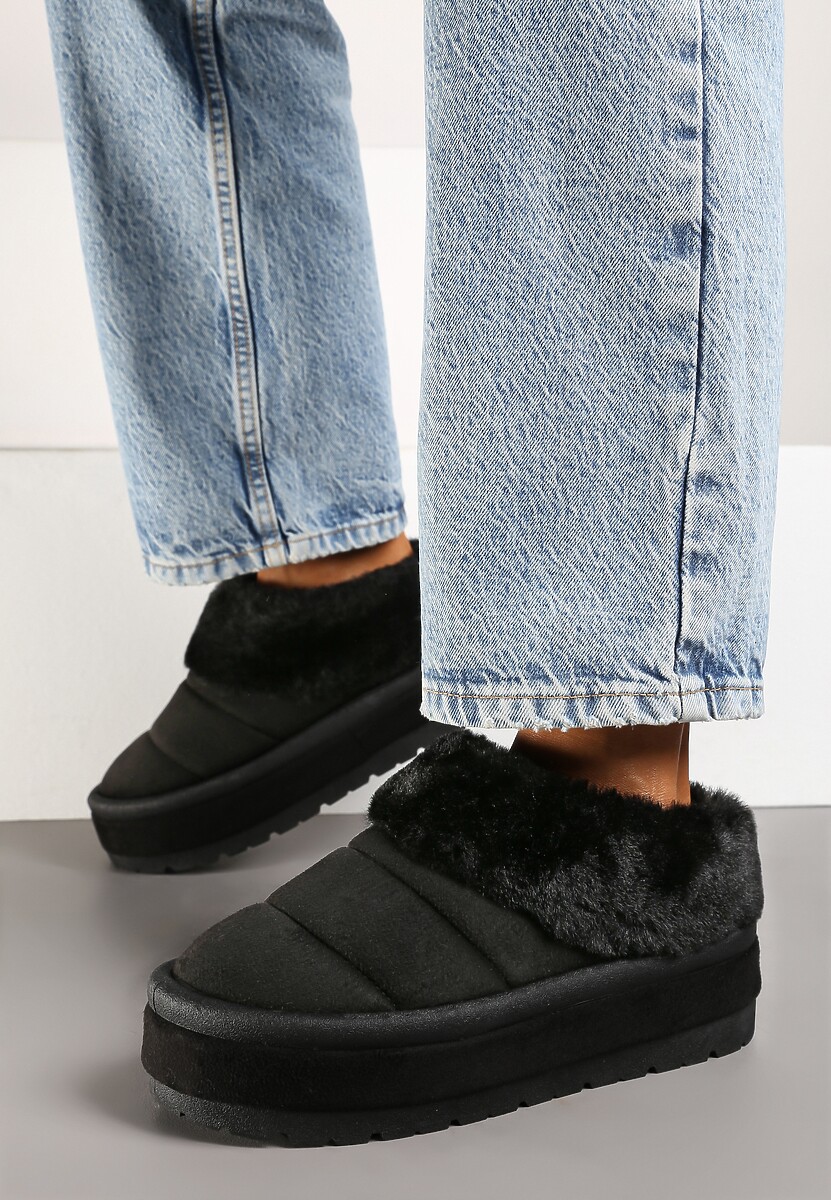 Czarne Niskie Śniegowce Ekozamszowe na Platformie z Pikowaniem i Futerkiem Realira