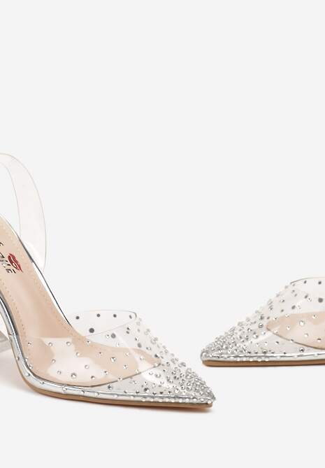 Srebrne Sandały z Transparentną Cholewką Ozdobioną Cyrkoniami na Geometrycznym Obcasie Cedrella