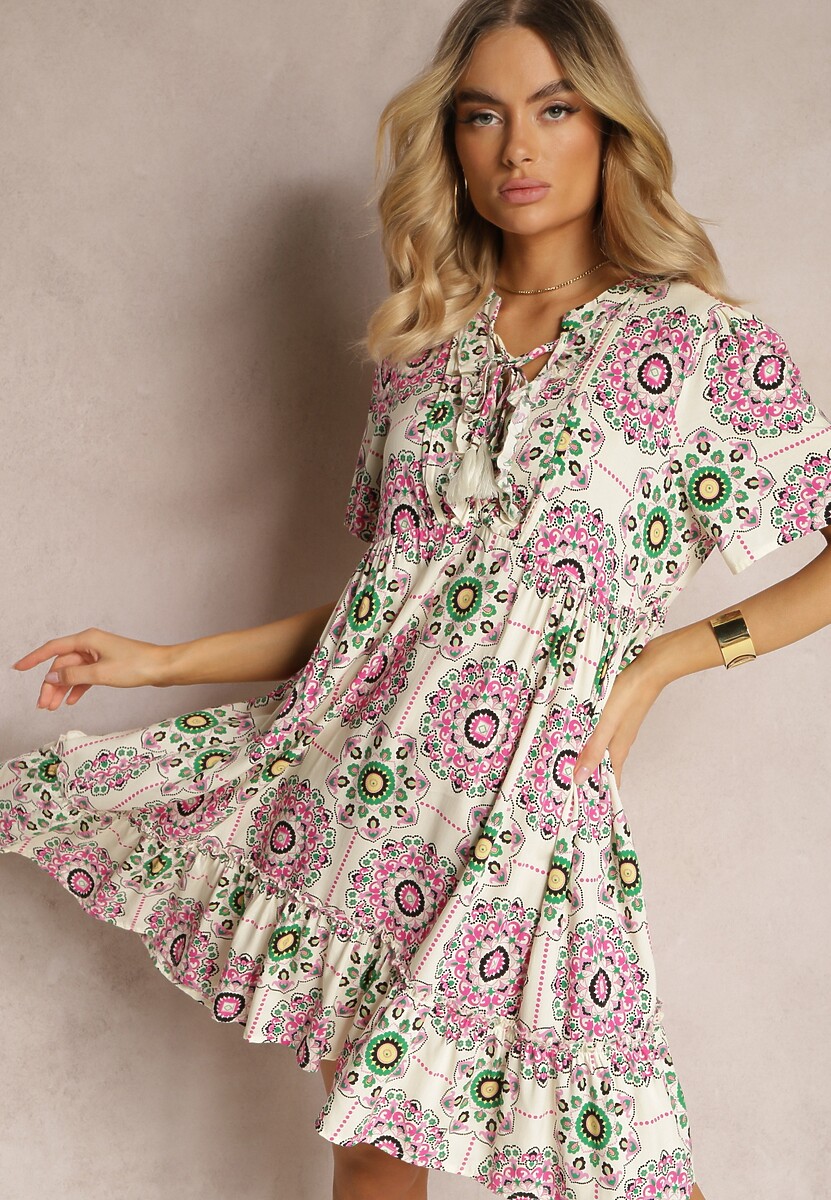 Zielona Sukienka z Wiskozowej Tkaniny w Mozaikowy Wzór Boho Naviera