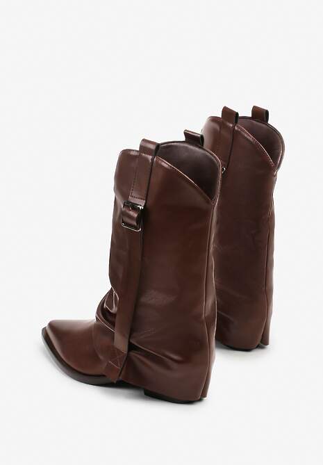 Ciemnobrązowe Botki Kowbojki z Wywiniętą Cholewką z Marszczeniem Ilova