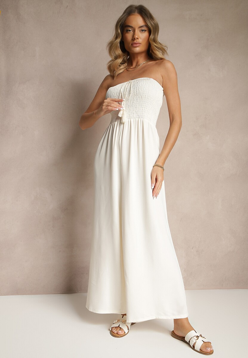 Jasnobeżowy Kombinezon Bandeau z Szeroką Nogawką Zdobiony Frędzlami Dovaira