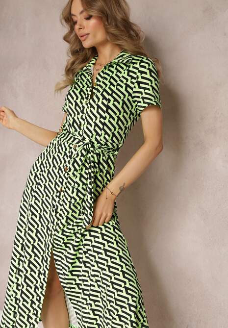 Zielona Rozkloszowana Sukienka Midi w Koszulowym Stylu Emerrisa