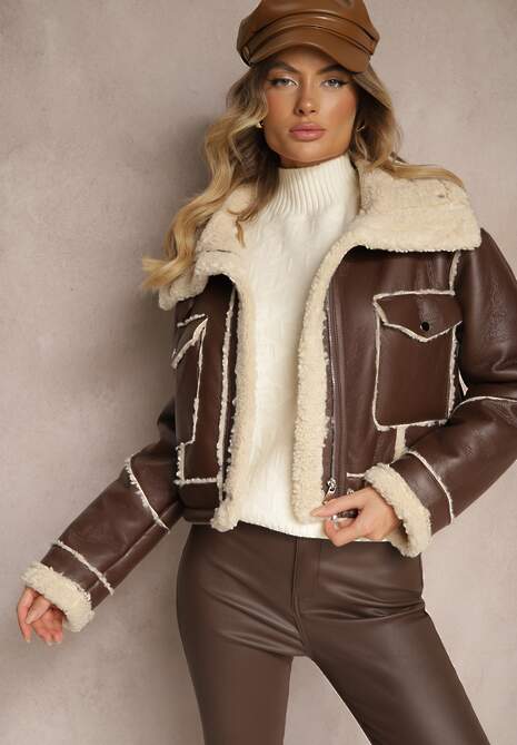 Brązowa Kurtka Typu Biker o Krótkim Kroju z Kołnierzem i Kieszeniami Naonellea