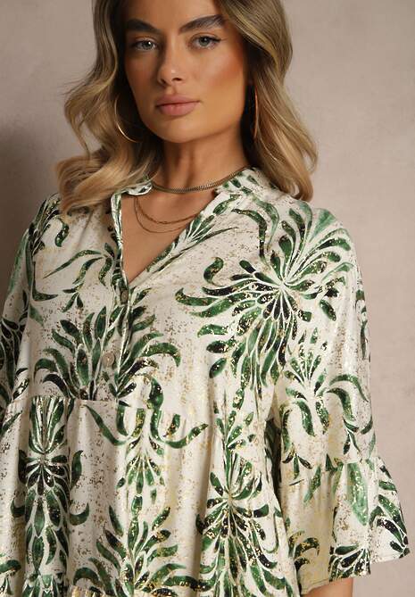 Zielono-Beżowa Sukienka z Lnem o Rozkloszowanym Kroju Zdobiona Metalicznym Nadrukiem Filinwena