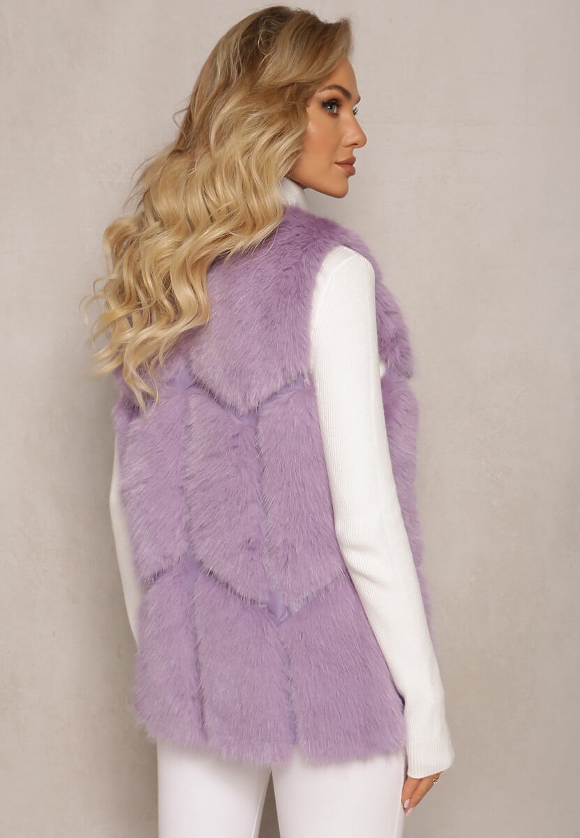 Fioletowa Futrzana Kamizelka z Wstawkami z Ekoskóry Lewja