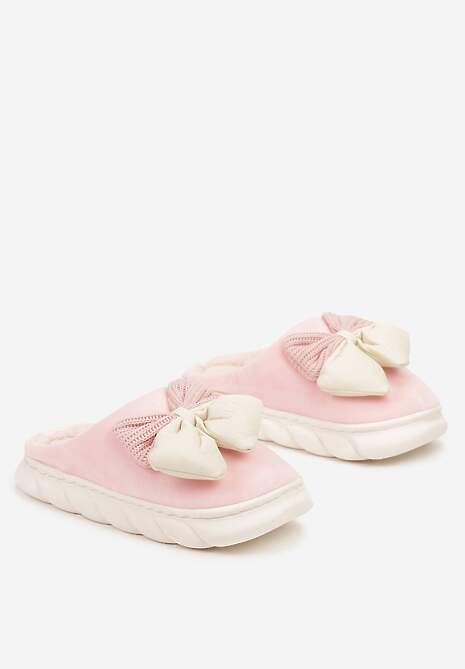 Różowe Kapcie na Płaskiej Podeszwie z Futerkiem i Kokardą Dezilaine