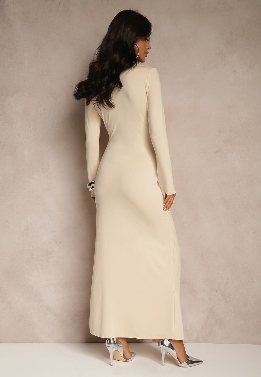 Jasnobeżowa Taliowana Sukienka z Dodatkiem Wiskozy Ozdobiona Marszczeniami Heriova