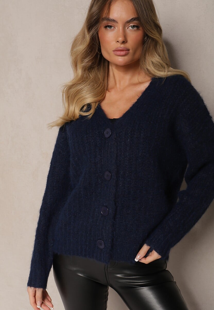 Ciemnozielony Rozpinany Kardigan z Wełną i Ściągaczami przy Rękawach Ciarella