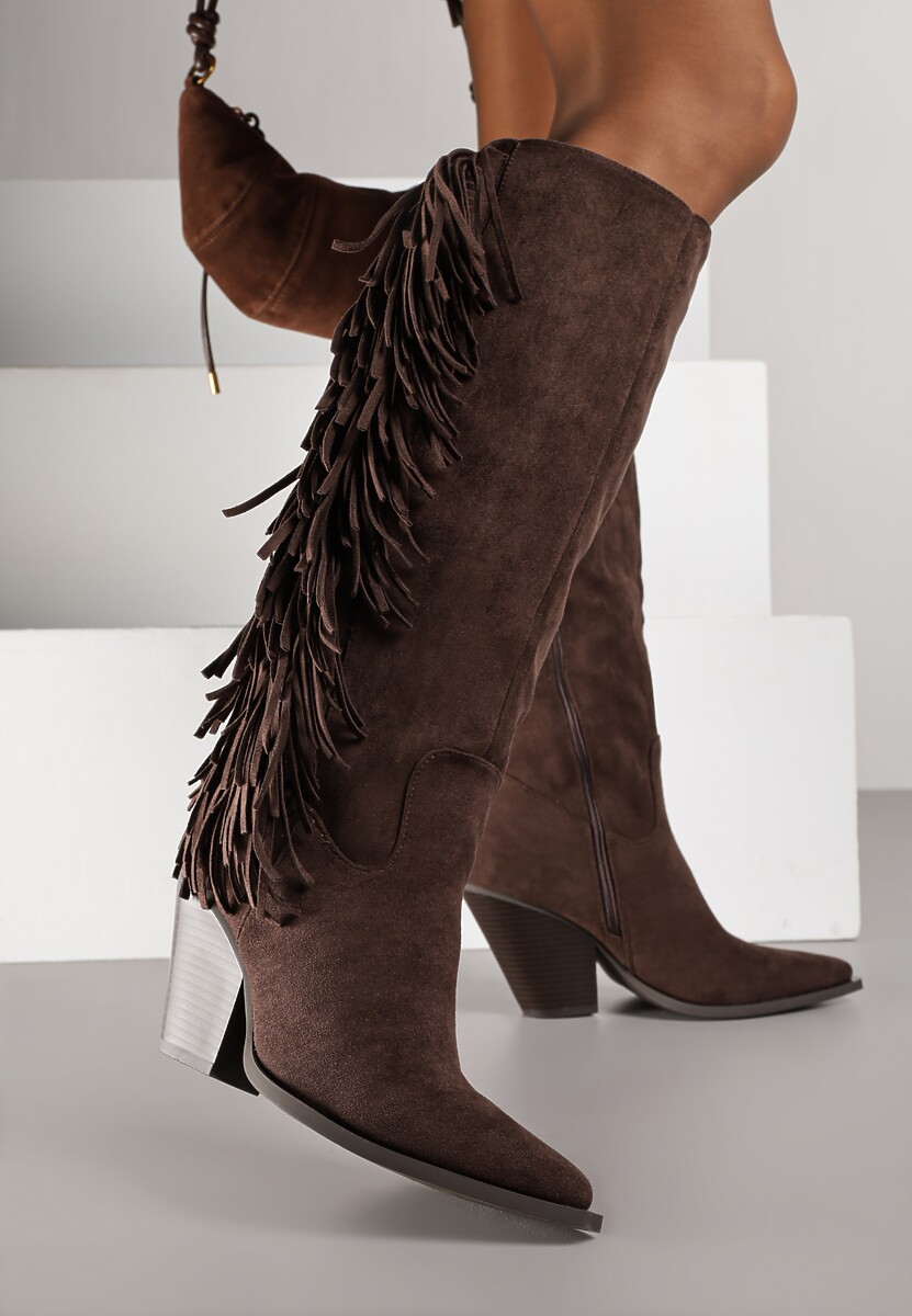 Ciemnobrązowe Kozaki Kowbojki z Imitacji Zamszu z Frędzlami i Stożkowym Obcasem Rafilea