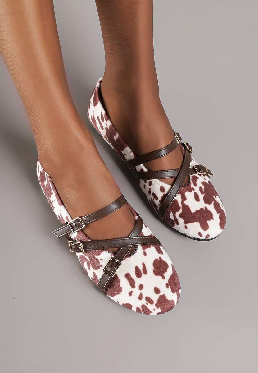 Brązowo-Białe Balerinki Vices Mary Jane w Krowie Łaty z Wkładką ze Skóry Naturalnej Rilomia