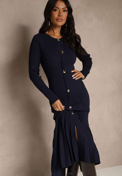 Granatowa Sweterkowa Sukienka z Wiskozą z Rozkloszowanym Dołem i Guzikami Fertilea
