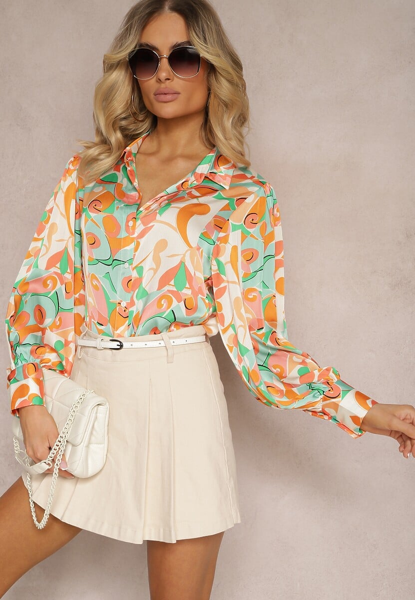 Pomarańczowo-Zielona Koszula Ozdobiona Abstrakcyjnym Printem Sharleen