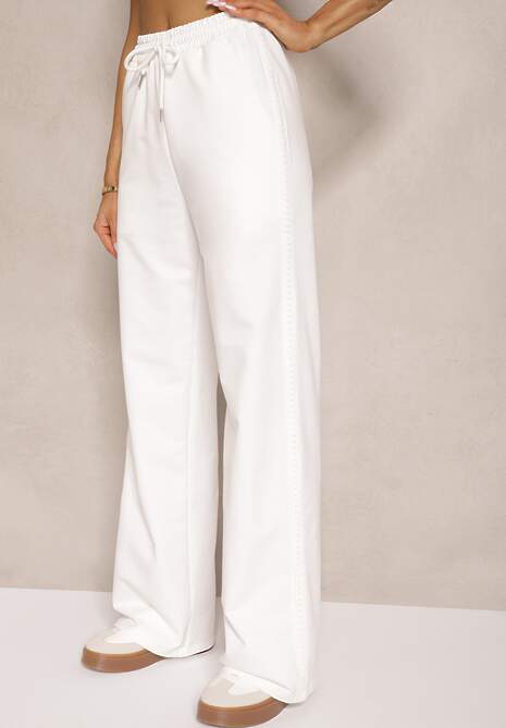 Białe Bawełniane Spodnie o Szerokim Kroju High Waist z Lampasami Pillorra