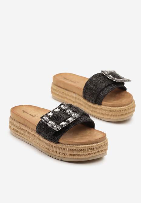 Czarne Klapki na Grubej Podeszwie z Plecionki z Klamrą z Kryształkami Sorlise