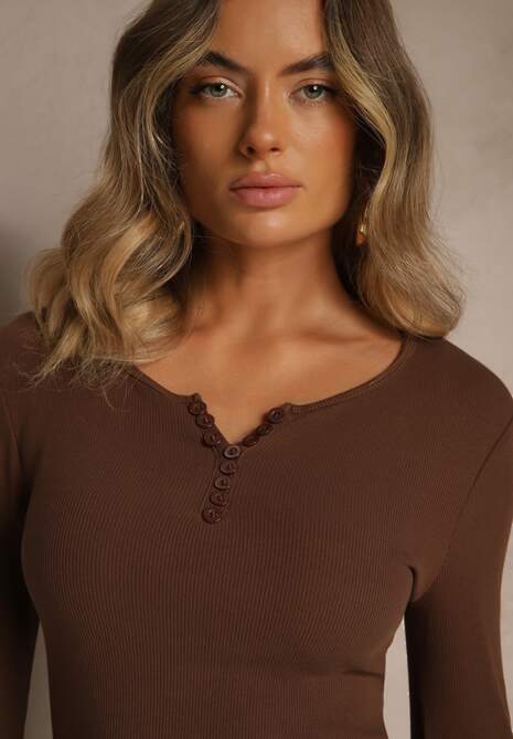 Brązowa Bawełniana Bluzka Longsleeve z Prążkowanej Tkaniny z Guziczkami Amandria