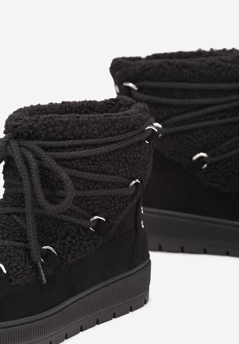 Czarne Futrzane Śniegowce o Fakturze Typu Baranek z Ozdobnym Sznurowaniem Firedi