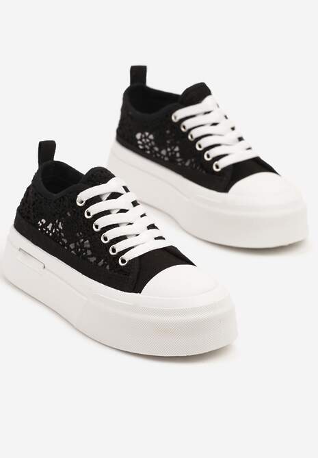 Czarne Trampki na Platformie z Ażurową Cholewką Adivlen
