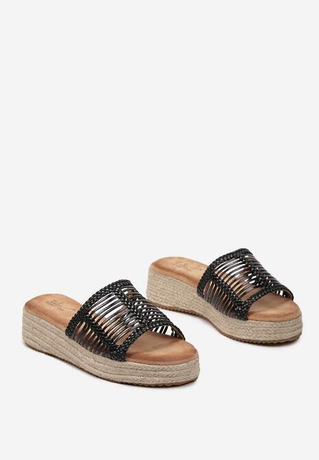 Czarne Klapki na Platformie z Plecionką i Ażurowym Paskiem Bilimoria