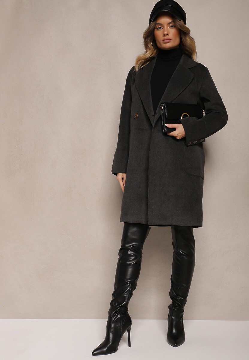 Ciemnoszary Płaszcz z Wiskozą o Dwurzędowym Kroju z Kieszeniami i Wiązanym Paskiem Ninneta