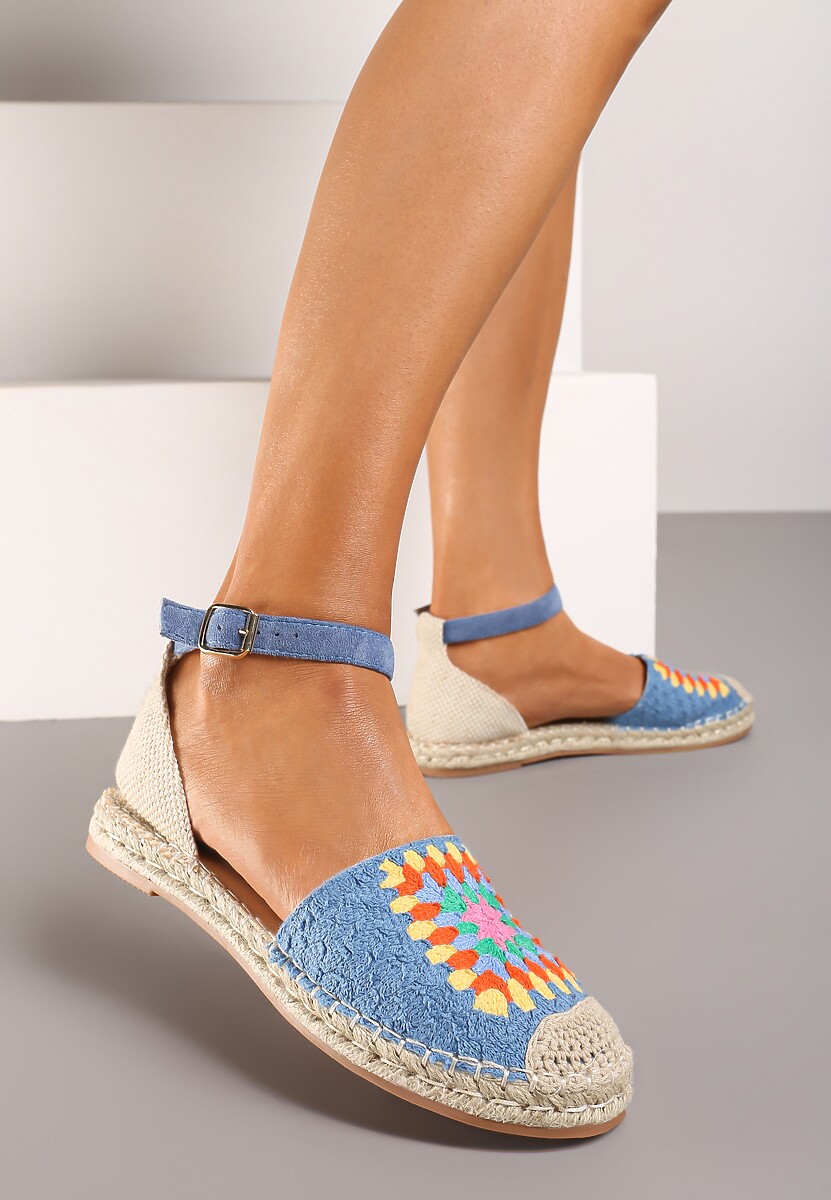 Niebieskie Espadryle na Płaskiej Podeszwie Zapinane na Sprzączkę z Plecioną Podeszwą Laveda
