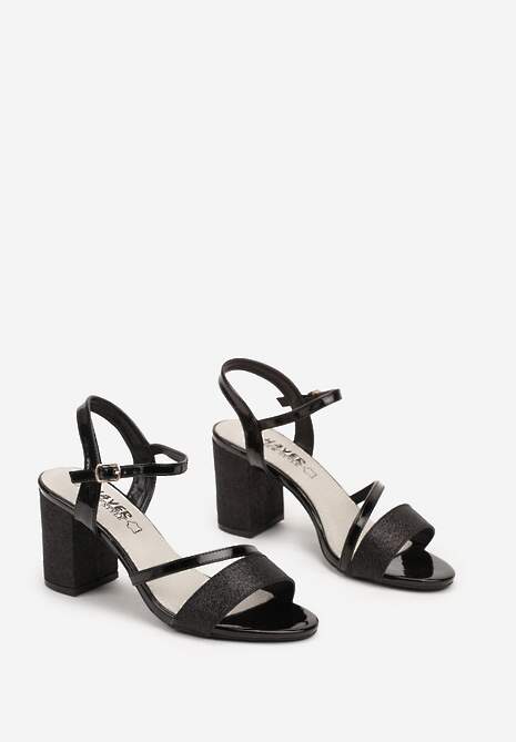 Czarne Brokatowe Sandały na Słupku ze Skórzaną Wkładką Kristinai