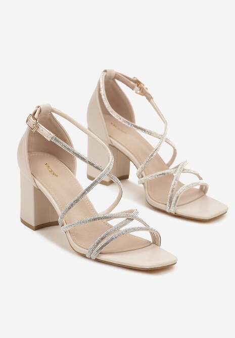 Beżowe Sandały na Słupku Vices Ozdobione Cyrkoniami Wiolavira