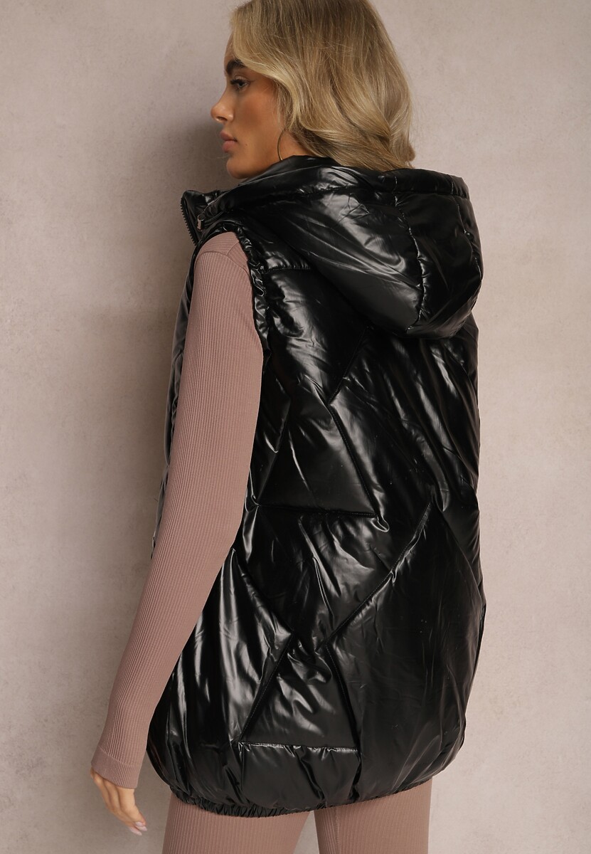 Czarna Kamizelka z Geometrycznym Pikowaniem i Kapturem Lucide