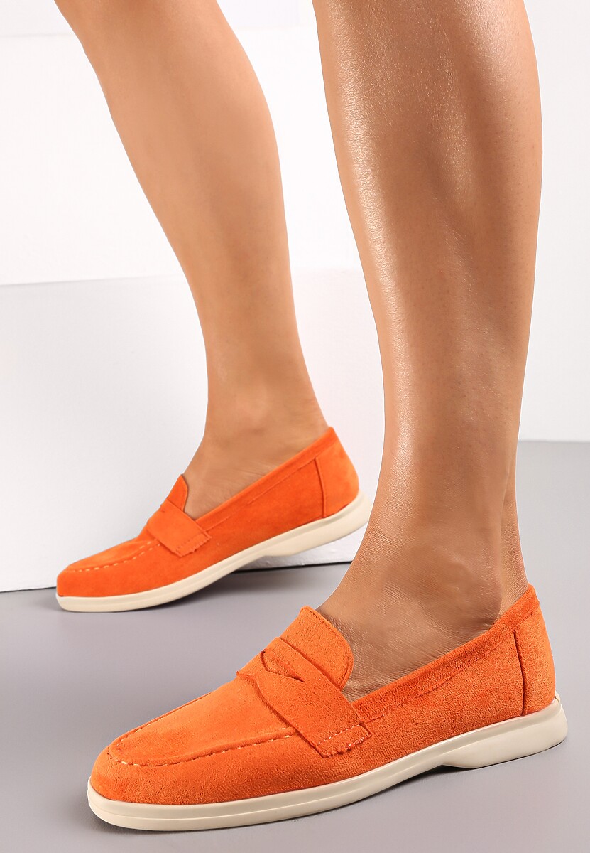 Pomarańczowe Mokasyny z Imitacji Zamszu na Płaskiej Podeszwie Faranis