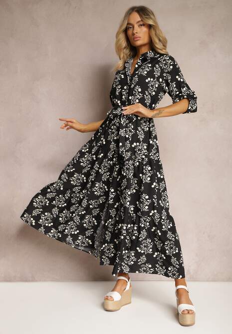 Czarna Sukienka Zapinana na Guziki z Materiałowym Paskiem i Podpinanymi Rękawami Biavenna