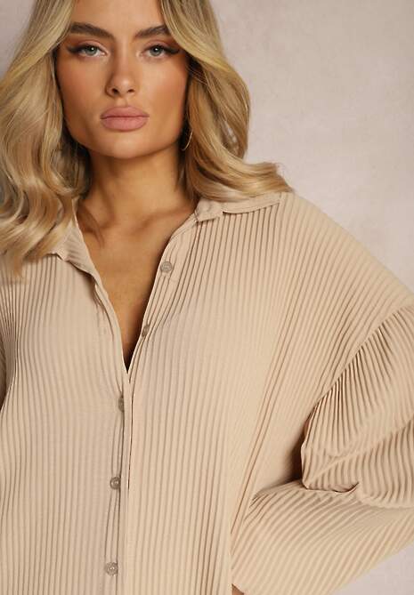 Beżowa Plisowana Sukienka Midi z Kołnierzem i Guzikami Danitza