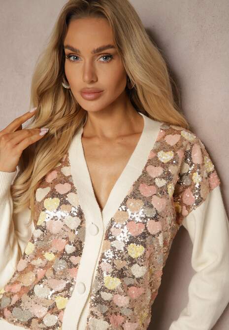 Beżowy Wzorzysty Kardigan w Serduszka z Dekoltem w Serek i Cekinami Ansilene