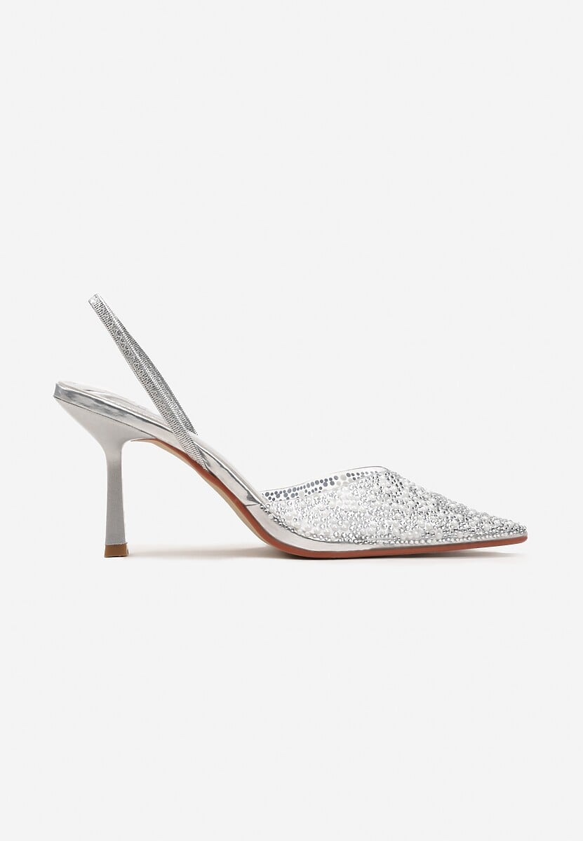 Srebrne Sandały z Transparentnym Noskiem na Szpilce Ozdobione Perłami i Cyrkoniami Halene