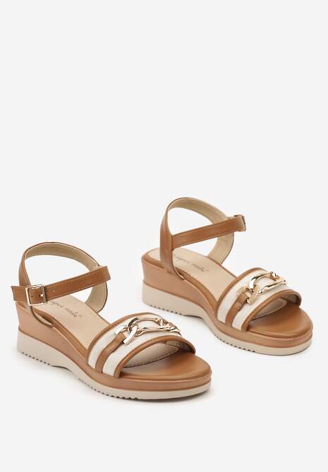 Brązowe Sandały na Koturnie Ozdobione Klamrą w Kształcie Łańcuszka Zafirah