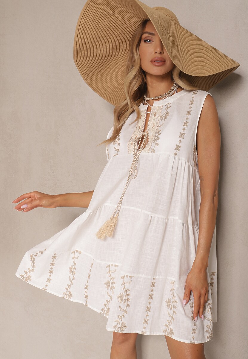 Biała Rozkloszowana Sukienka Boho z Wiskozą Zdobiona Haftem i Wiązaniem Valhiris