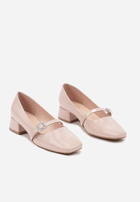 Beżowe Lakierowane Czółenka z Paseczkiem i Klamerką z Cyrkoniami Ettavella