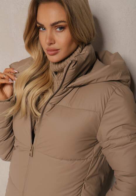 Beżowa Klasyczna Kurtka z Pikowanymi Przeszyciami Kapturem i Kieszeniami Anrinna