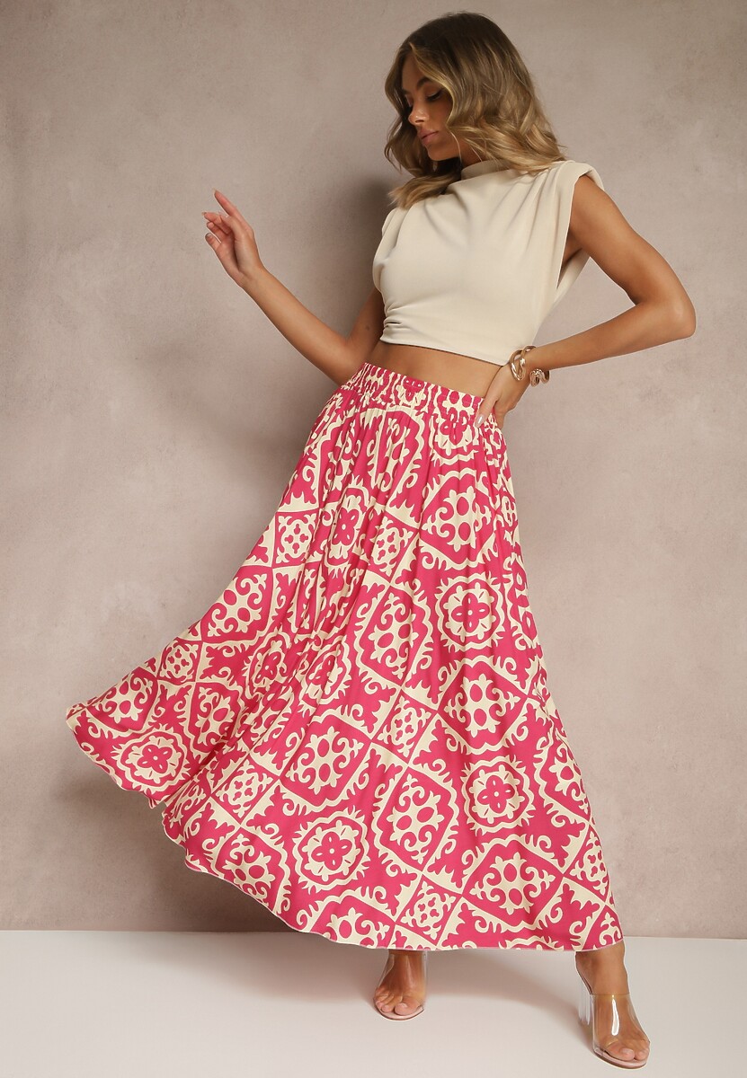 Fuksjowa Spódnica z Wiskozy z Geometrycznym Motywem Axeria