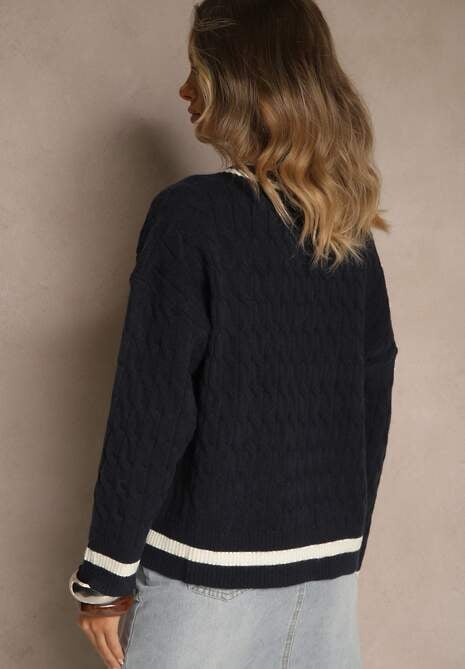 Granatowy Sweter w Stylu Preppy z Dodatkiem Kaszmiru i Warkoczowym Splotem Belmire