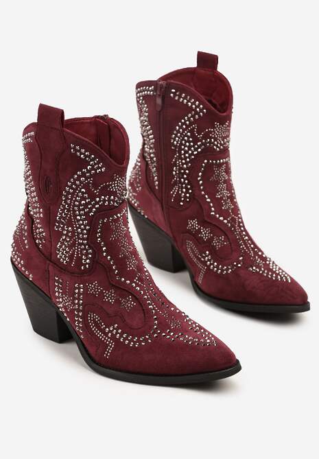Bordowe Kowbojki Botki Ozdobione Cyrkoniami na Stożkowym Słupku Tulmira