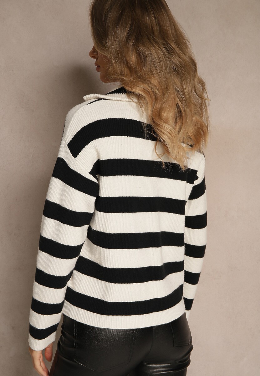 Czarno-Biały Sweter w Paski z Suwakiem przy Dekolcie Ralanae