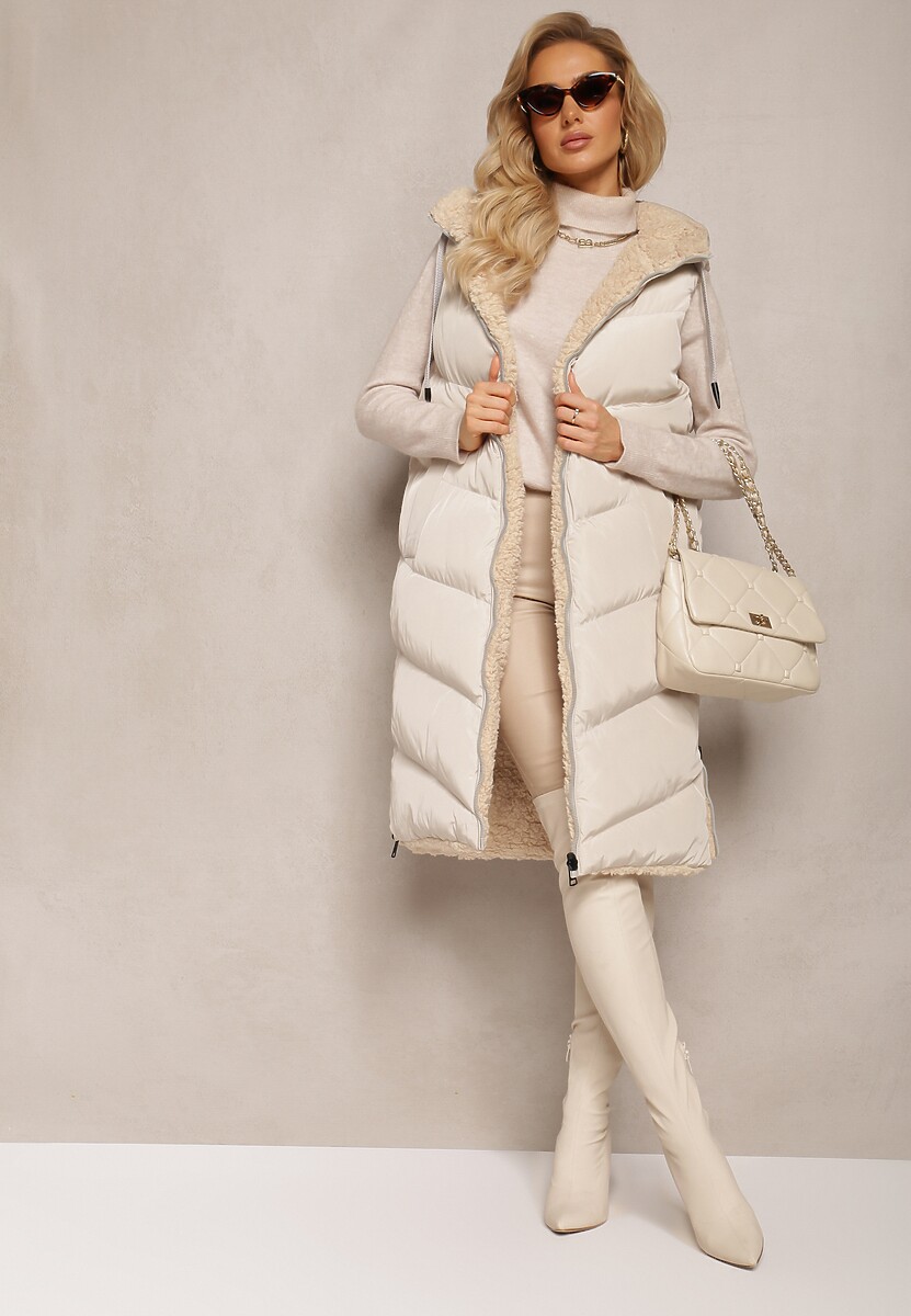 Jasnobeżowa Dwustronna Kamizelka Pikowana z Futerkiem Madalan