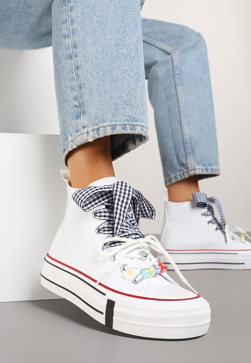 Białe Trampki Ozdobione Koralikami i Wstążką w Kratkę Vichy Armio