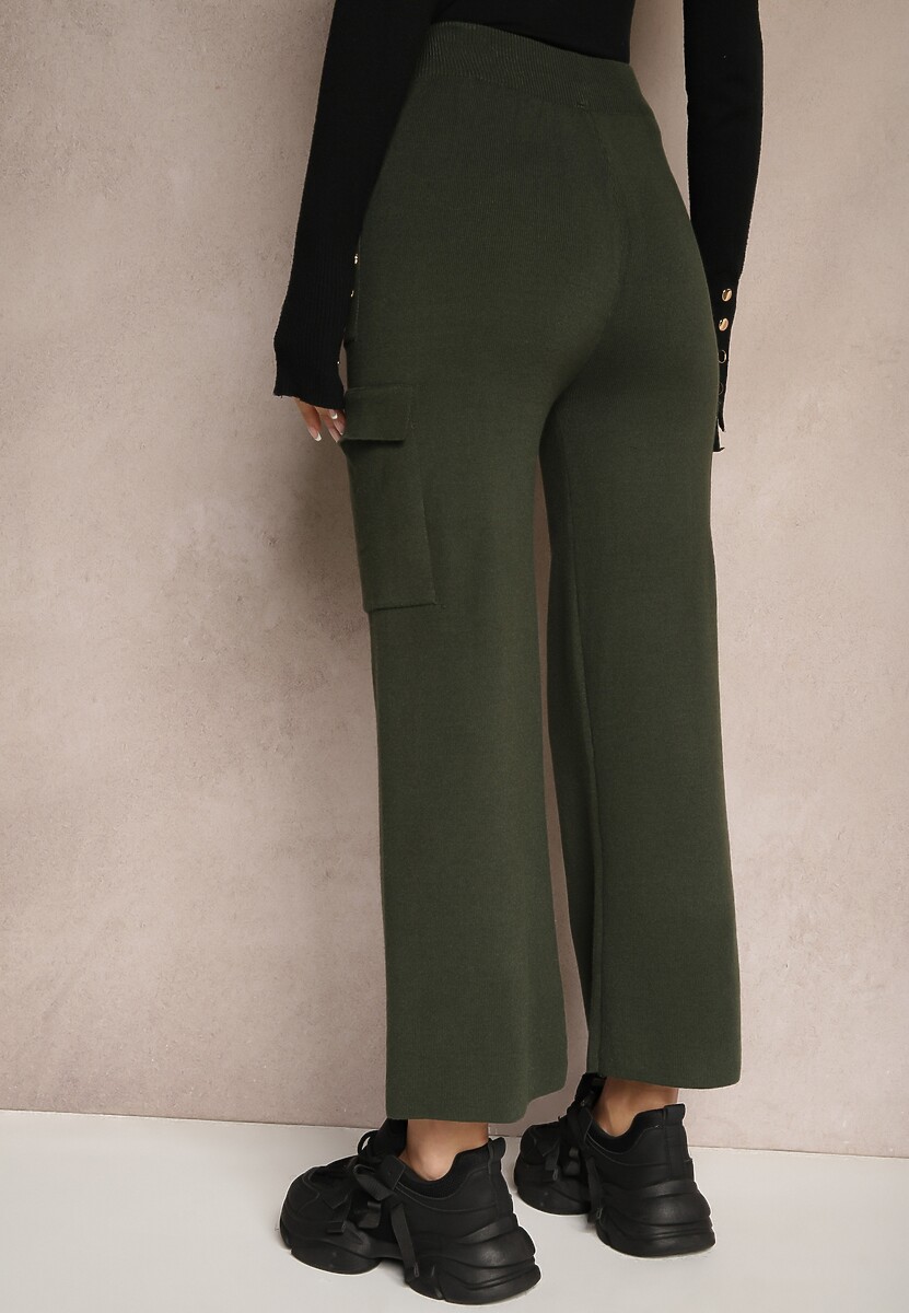 Ciemnozielone Szerokie Spodnie Dzianinowe z Gumką w Pasie i Kieszeniami Emithlera