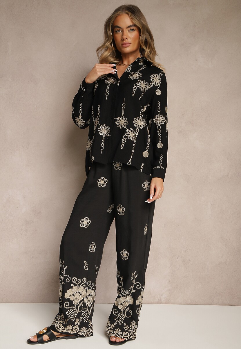 Czarny Komplet z Bawełny Koszula i Spodnie z Haftem z Metalicznymi Przeszyciami Banorea