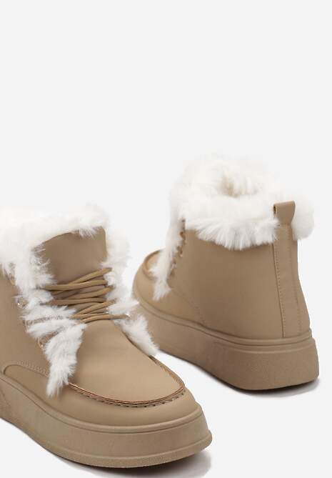 Ciemnobeżowe Botki za Kostkę na Grubej Podeszwie Ozdobione Futerkiem Nulzame