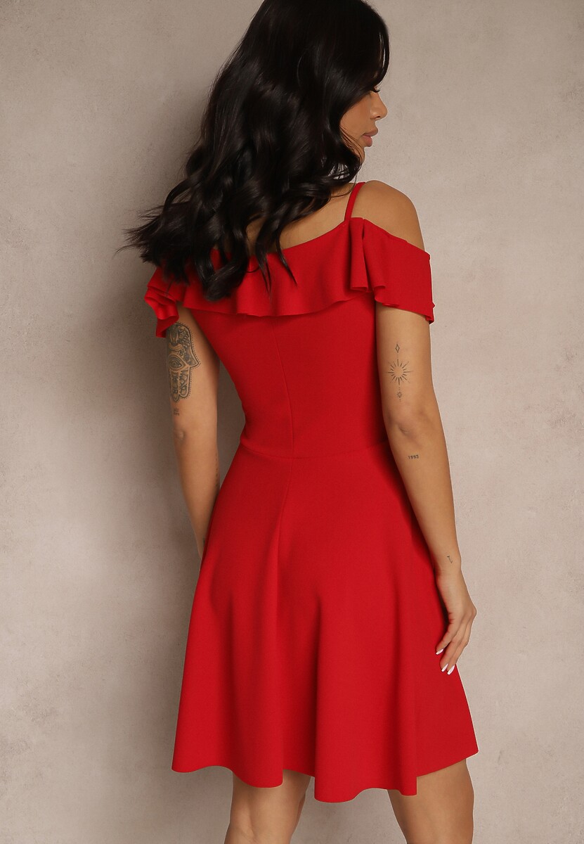 Czerwona Rozkloszowana Sukienka na Ramiączkach z Falbankami Milauri